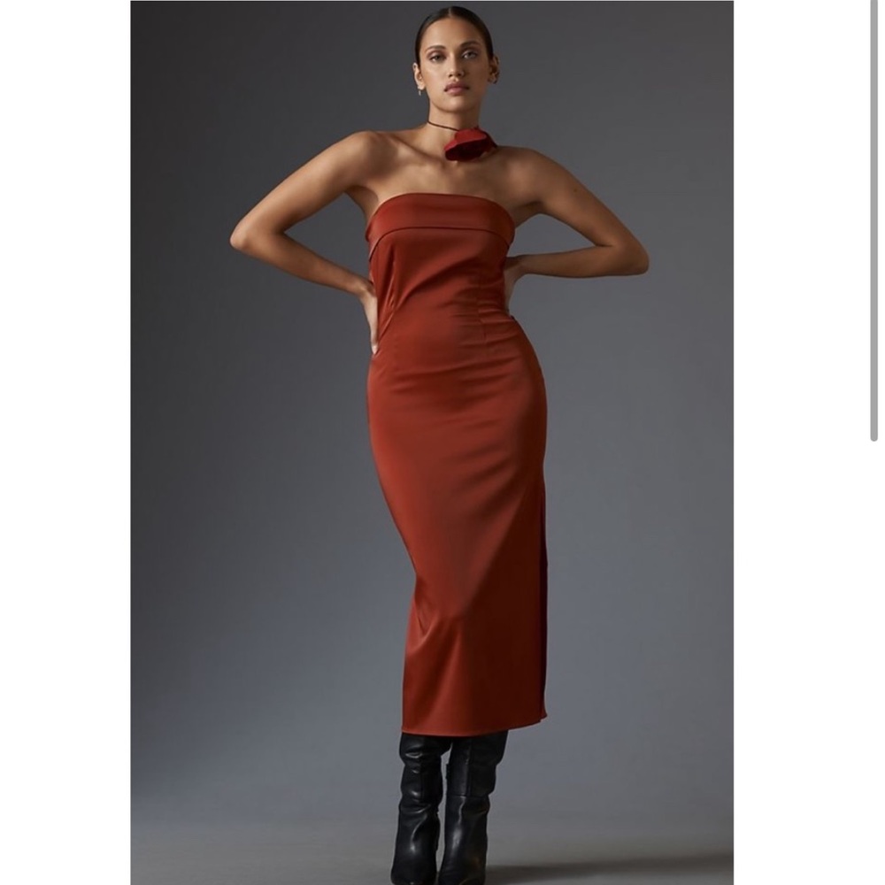 Anthropologie Strapless cowl back midi dress burnt orange/red color xs